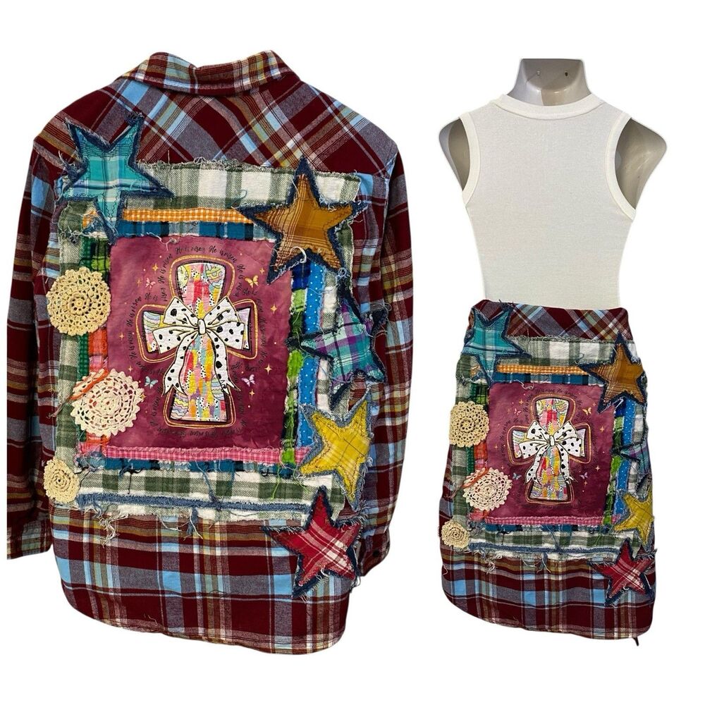 Christian Religious Flannel Shirt Womens XL Easter Shacket Upcycled Art Cottage